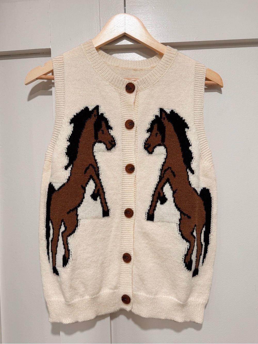 Cream Horse-Graphic Knit Button-Up Vest - Women